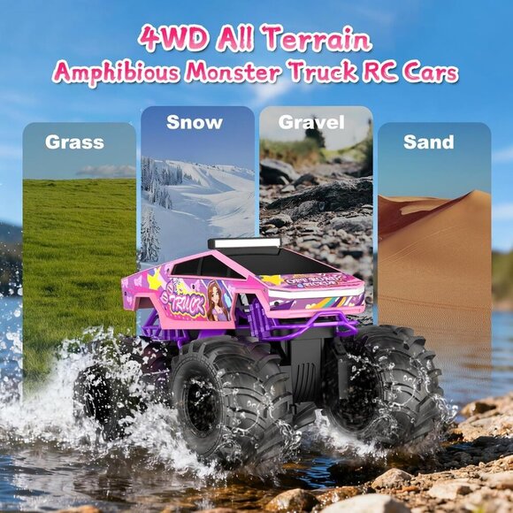 Pink Remote Control 1:18 Scale Fast RC Car for Girls with  Amphibious Remote Control Car 1:18 Pink Monster Truck RC Cars for Girls 6+